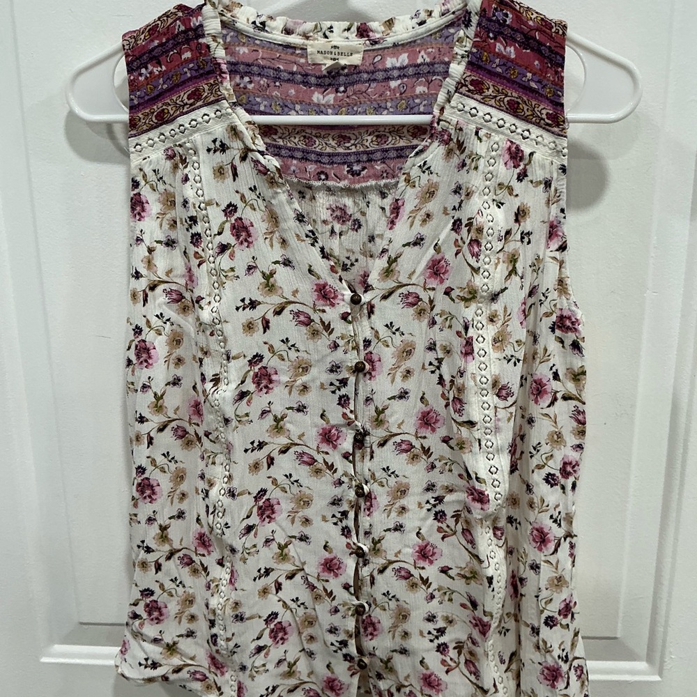 Lucky Brand Floral Sleeveless Blouse - White and Purple
